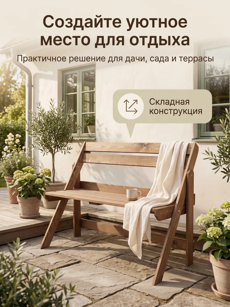 Скамейка садовая со спинкой уличная складная деревянная