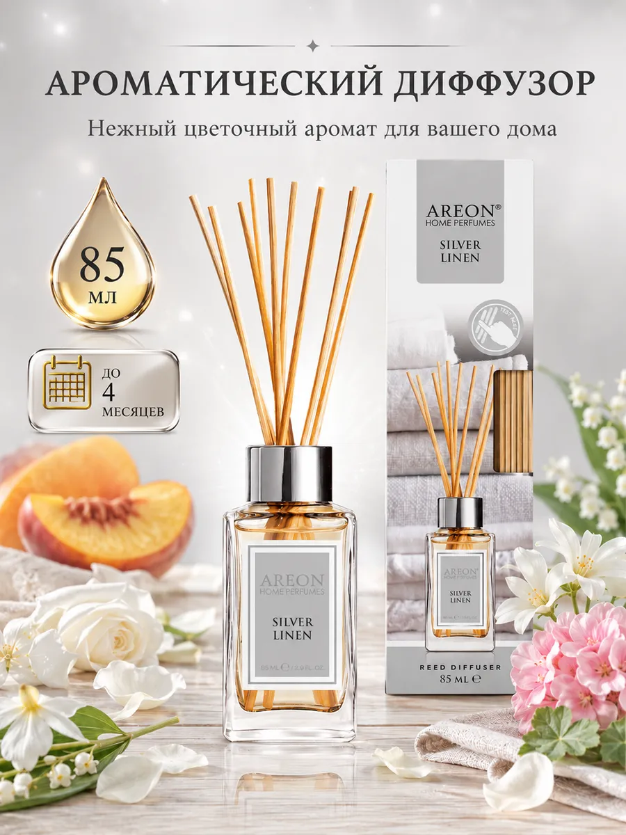 Диффузор для дома с палочками стойкий SILVER LINEN 85 мл