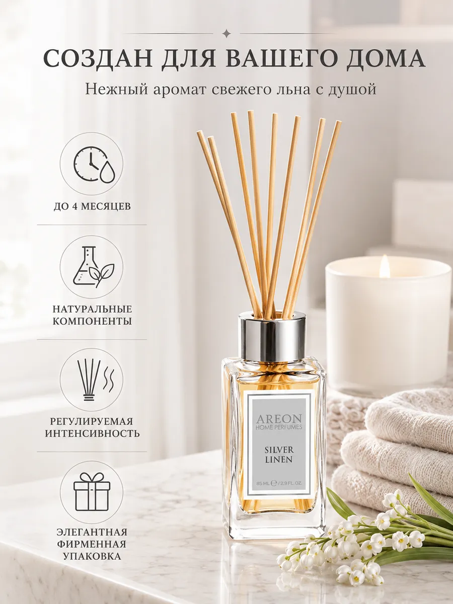 Диффузор для дома с палочками стойкий SILVER LINEN 85 мл