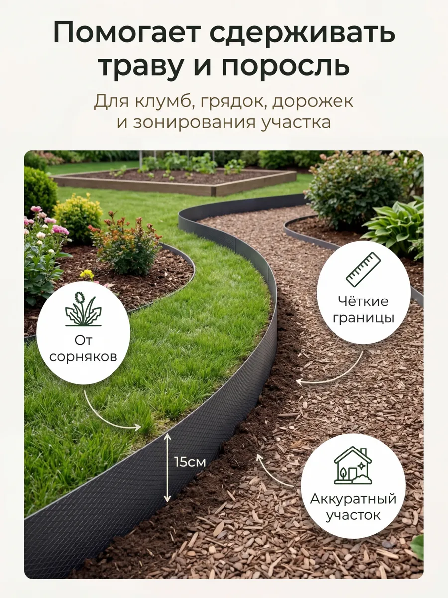 Бордюрная лента садовая 15 см х 20 м широкая