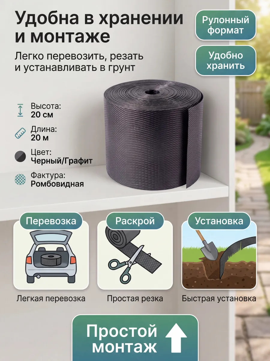 Бордюрная лента садовая 20 см х 20 м широкая